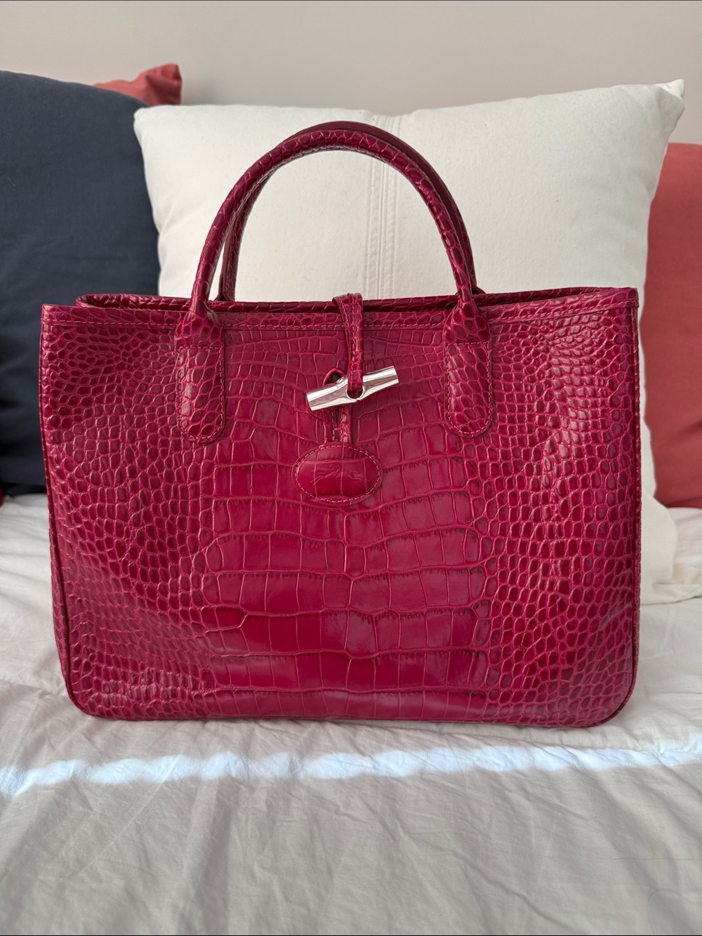 Longchamp Croc-Embossed Top-Handle Tote in Deep Raspberry